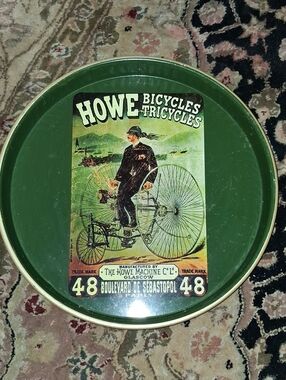 Howe Green Round Metal Tray with Vintage Bicycles Graphic
